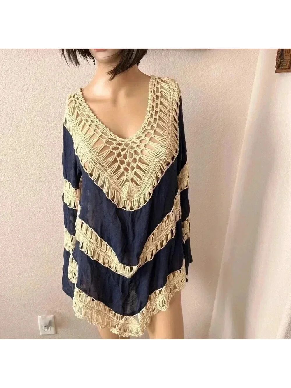 Umgee Long Sleeve Boho Crochet Sheer Top Navy Blue Size L Bohemian - Picture 4 of 14